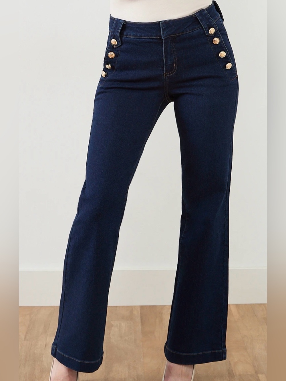 Cleo Dark Rinse Wide Leg Relaxed Fit Sailors Jeans with Altered Inseam .